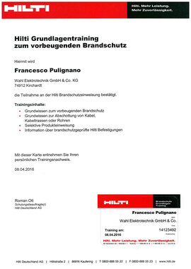 Francesco Pulignano, Hilti Grundlagentraining zum vorbeugenden Brandschutz Francesco Pulignano, Hilti Grundlagentraining zum vorbeugenden Brandschutz