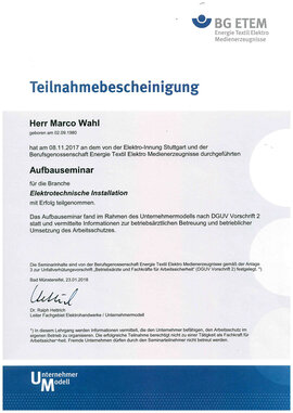 Aufbauseminar für die Branche Elektrotechnische Installation Aufbauseminar für die Branche Elektrotechnische Installation