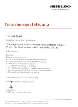 Farzad Ayazi, Wärmepumpenführerschein
